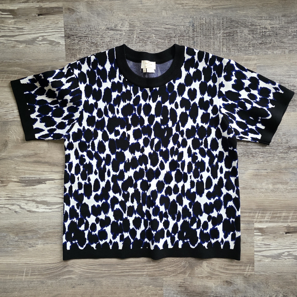 Kate Spade Leopard Print Pullover Crewneck Sweater Size S Blue Knit Stretch